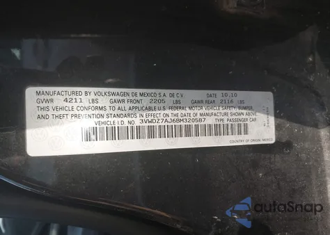 2011 Volkswagen Jetta 2.5L Se z USA, uszkodzony, nr VIN 3VWDZ7AJ6BM320587